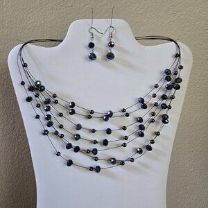 Black crystal bib necklace and matching earrings